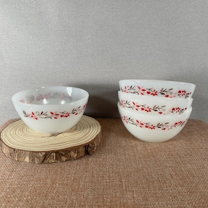 Tazones vintage de vidrio para leche Termocrisa / Juego de 4 / Hojas y flores rojas / México, década de 1970