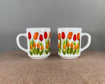Vintage Arcopal Tulip Mugs Set of 2 | French Milk Glass Cups Retro Floral