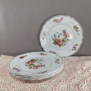 Puede incluir: Un conjunto de platos de cerámica blanca con borde festoneado y ribete verde. Cada plato presenta un diseño floral con flores rosas, rojas, azules y verdes. Un plato está de pie.