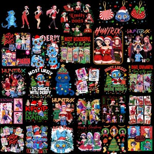 May include: A selection of Christmas-themed graphic designs with cartoon characters, text, and festive elements. Designs include Santa hats, Christmas trees, and the text "Emily 2025", "Most Likely To Dance With Derpy", and "Happy Christmas".