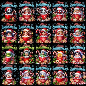 May include: A repeating pattern of Christmas-themed character illustrations in red mugs, each wearing a Santa hat. The words "Merry Christmas" are above each mug. Gingerbread cookies and candy canes are also present.