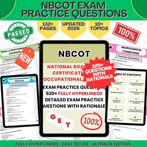 May include: Digital study guide for the NBCOT exam, featuring practice questions and rationales. The image shows a tablet with the title "NBCOT Exam Practice Questions," with over 132 pages, updated for 2026, and 10+ topics. Includes a "100%" guarantee.
