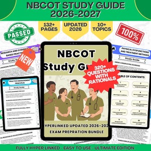 Può includere: Guida allo studio NBCOT 2026-2027, pacchetto di preparazione all'esame con oltre 132 pagine, 10+ argomenti e 320+ domande con spiegazioni. La copertina mostra quattro operatori sanitari in divise verde oliva con etichette PASSED, NEW e 100%.