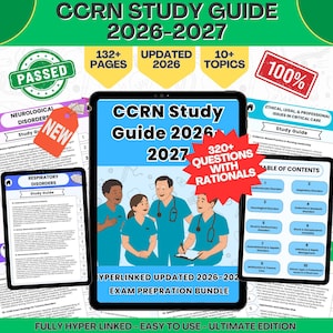 May include: A digital CCRN Study Guide 2026-2027 bundle featuring 132+ pages, 10+ topics, and 320+ questions with rationales. The cover displays four medical professionals in blue scrubs and includes text highlighting it as a hyperlinked, updated exam preparation bundle.