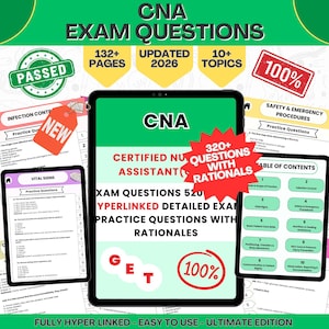 Può includere: Una guida allo studio digitale per la preparazione all'esame per assistente infermieristico certificato (CNA). La guida include domande pratiche, spiegazioni ed è completamente ipertestuale. L'immagine mostra più tablet con il testo "CNA Exam Questions".
