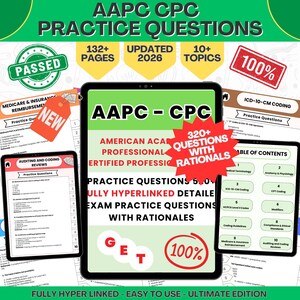 Könnte beinhalten: Digitaler Lernführer für die AAPC CPC-Prüfung mit Übungsfragen und detaillierten Begründungen. Das Bild zeigt ein Tablet mit dem Titel "AAPC - CPC" und andere Tablets mit verwandten Inhalten. Der Leitfaden umfasst über 132 Seiten und ist für 2026 aktualisiert.