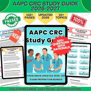 Pode incluir: Um guia de estudo digital AAPC CRC 2026-2027 com mais de 132 páginas, 10 tópicos e 320 questões com explicações. A capa mostra quatro profissionais de saúde com uniformes azuis e etiquetas como PASSED, NEW e UPDATED 2026.