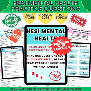 Puede incluir: Guía de estudio digital para las preguntas de práctica de salud mental HESI. La imagen muestra una tableta y dos teléfonos inteligentes que muestran preguntas de práctica. La guía incluye más de 132 páginas, actualizadas para 2026, y cubre más de 10 temas.