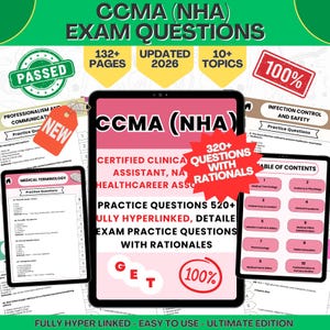 Könnte beinhalten: Digitaler Lernführer für die CCMA (NHA) Prüfung. Das Bild zeigt ein Tablet und zwei Telefone mit Prüfungsfragen, mit dem Text "CCMA (NHA) EXAM QUESTIONS". Enthält 520+ Übungsfragen, 320+ Fragen mit Begründungen und 132+ Seiten.