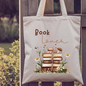 Vintage Book Stack Tote Bag, Cottagecore Bookish Gift, Aesthetic Mushroom & Books Canvas Bag, TBR Pile Bookworm Gift