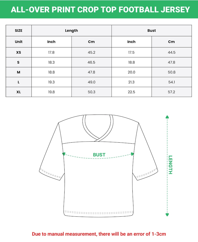 May include: White crop top football jersey with a V-neck design. The image includes a size chart with measurements in inches and centimeters for length and bust, ranging from XS to XL. The text "ALL-OVER PRINT CROP TOP FOOTBALL JERSEY" is at the top.
