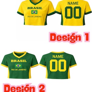 May include: Two cropped soccer jerseys, one yellow and one green, with matching shorts. The yellow jersey has green trim, the word "BRASIL", a flag, and "RIO DE JANEIRO" printed on the front. The back has "NAME" and the number "00". The green jersey has yellow trim.