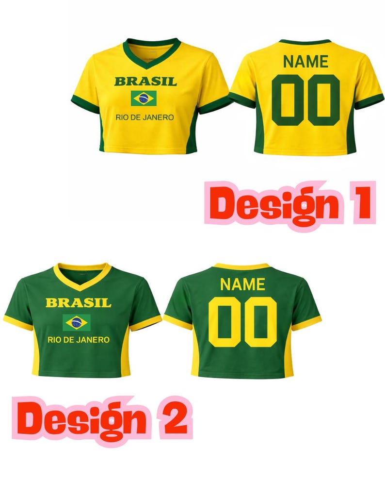 May include: Two cropped soccer jerseys, one yellow and one green, with matching shorts. The yellow jersey has green trim, the word "BRASIL", a flag, and "RIO DE JANEIRO" printed on the front. The back has "NAME" and the number "00". The green jersey has yellow trim.