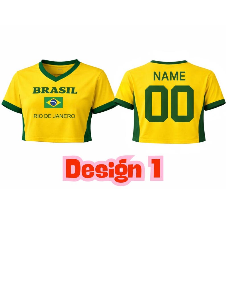 May include: A yellow crop top with green trim, featuring the word "BRASIL" above a Brazilian flag and "RIO DE JANEIRO." The back of the shirt has the word "NAME" above the number "00."