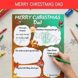 Puede incluir: Una tarjeta navideña con el texto "MERRY CHRISTMAS DAD". La tarjeta presenta espacios para mensajes y dibujos personalizados, junto con ilustraciones festivas de una estrella, un reno y regalos. Una mano sostiene un lápiz verde.