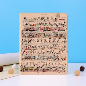 May include: A beige tablet case featuring a whimsical illustration of people and buildings set against musical notes. The case has the text "6. Стиль" and other text in a foreign language. The design is reminiscent of a vintage music sheet.