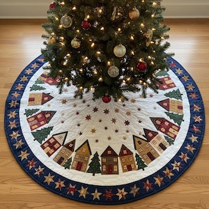Christmas Village Quilt Tree Skirt, Cottage Winter Town Decor, Cozy Country Holiday Base Cover, Vintage Xmas Decoration