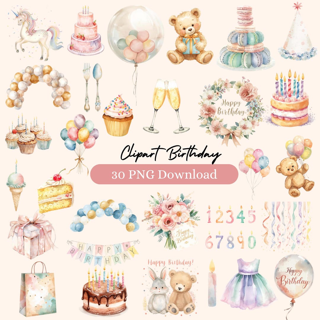 Birthday Watercolor Clipart Set | Pastel Party PNG Bundle | Cute Party ...