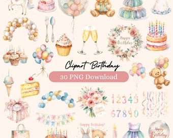 Birthday Watercolor Clipart Set | Pastel Party PNG Bundle | Cute Party Collection | Cute Cake & Balloons