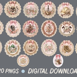 May include: A collection of 20 PNG digital download images. Each image is a circular design with a pink bow at the top. The designs feature various tools, objects, and floral arrangements, all with a vintage aesthetic. The text "20 PNGS DIGITAL DOWNLOAD" is at the bottom.