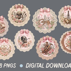 May include: A collection of eight digital PNG images featuring various tools and machinery, each set within a decorative, scalloped frame. The images include a truck, engine parts, and a welder, all adorned with pink bows and floral arrangements. The text "8 PNGS DIGITAL DOWNLOAD" is at the bottom.