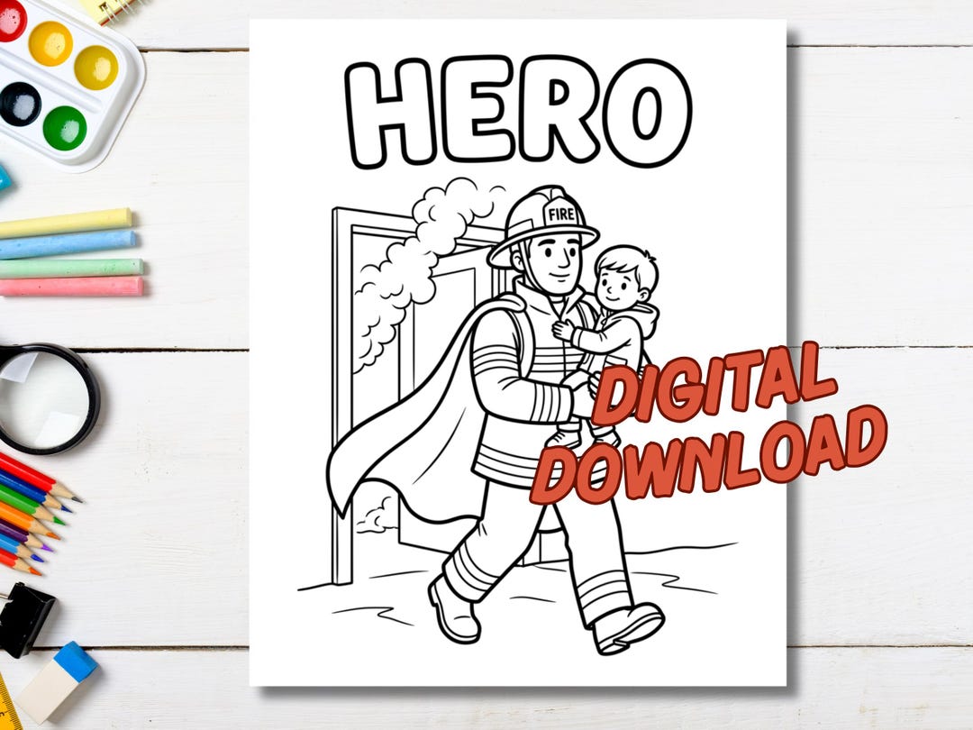 Firefighter Hero Coloring Page PDF, Fireman Saving Child Printable ...