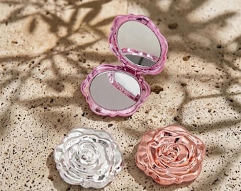 Espejo compacto con forma de rosa/Espejo de maquillaje plegable de doble cara