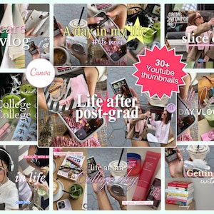Op de afbeelding: Een collage van afbeeldingen met tekstoverlays, waaronder "A day in my life", "Life after post-grad" en "30+ Youtube thumbnails". De afbeeldingen tonen koffie, telefoons en schoonheidsproducten, wat wijst op een lifestyle- of vlog-thema.