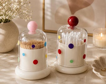 Grazioso barattolo portaoggetti a pois, porta cotton fioc, decorazione kawaii per il bagno, porta stuzzicadenti, organizer da scrivania, regalo per lei, estetica