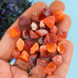 Peut inclure: Une poignée de pierres précieuses de cornaline brutes, taillées grossièrement, dans des tons orange et rouge. Les pierres varient en taille et en forme, avec un aspect naturel et non poli. Les pierres sont tenues dans une main.