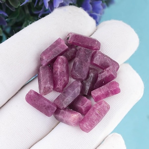 Op de afbeelding: Een verzameling ruwe, ongeslepen robijnkristallen in verschillende tinten roze en rood. De edelstenen worden vastgehouden in een witte handschoen, met een lichtblauwe achtergrond. De kristallen hebben een ruwe, natuurlijke textuur en zijn onregelmatig van vorm.