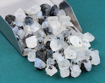 May include: A collection of raw moonstone gemstones, with a mix of clear, white, and black coloration. The stones are in a small, silver scoop, with a teal background. The moonstones are rough-cut and have a natural, unpolished appearance.
