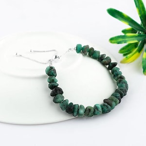 Raw Emerald Bolo Bracelet, Untreated Gemstone, Silver Plated Boho Jewelry