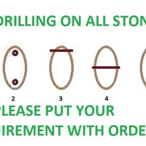 Puede incluir: Un diagrama que muestra seis opciones de perforaci&oacute;n para piedras ovaladas numeradas del 1 al 6. El texto dice FREE DRILLING ON ALL STONE y PLEASE PUT YOUR REQUIREMENT WITH ORDER. Las ilustraciones muestran varias posiciones de agujeros.