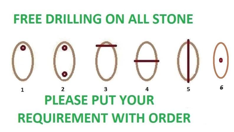 Puede incluir: Un diagrama que muestra seis opciones de perforaci&oacute;n para piedras ovaladas numeradas del 1 al 6. El texto dice FREE DRILLING ON ALL STONE y PLEASE PUT YOUR REQUIREMENT WITH ORDER. Las ilustraciones muestran varias posiciones de agujeros.