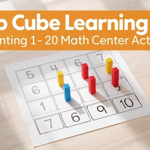 May include: A learning mat with the text "Snap Cube Learning Mat" and "Counting 1-20 Math Center Activity". The mat has a grid with numbers and colorful snap cubes in red, yellow, and blue. The background is a light wood surface.