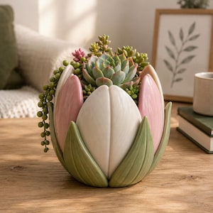 Peut inclure: Un pot en céramique en forme de fleur épanouie avec des pétales superposés blancs, rose pâle et vert sauge. Le pot contient une variété de plantes succulentes vertes et roses, dont une plante à perles retombante qui déborde sur le côté.