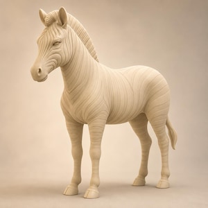 Op de afbeelding: Een lichtgekleurde zebra sculptuur. De zebra staat, met het hoofd iets naar links gedraaid. De sculptuur heeft een getextureerd oppervlak met ingesneden lijnen die de strepen van de zebra nabootsen. De manen en staart zijn ook gedetailleerd.