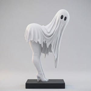 Peut inclure: Une figurine de fantôme blanche drapée dans un drap, avec deux trous noirs ovales pour les yeux. Le fantôme est dans une pose penchée vers l'avant, révélant des bottes blanches à talons hauts sous le tissu. La sculpture repose sur un socle noir.