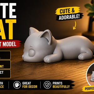 May include: A gray 3D-printed cat figurine in a relaxed pose, with the text "CUTE CAT" and "3D PRINT MODEL". The image also includes the text "CUTE & ADORABLE!" and "PERFECT DESK DECOR!"