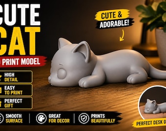 Relaxed Lying Cat 3D Model, STL File for Desk Decor, Cat Lover Gift