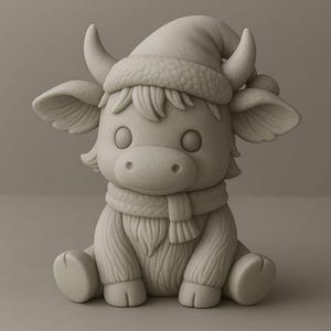 Puede incluir: Figura de color beige claro de un buey sentado con gorro y bufanda de Pap&aacute; Noel. El buey tiene orejas grandes, ojos redondos y cuernos peque&ntilde;os. La bufanda y el gorro tienen un aspecto texturizado, lo que sugiere un material suave. Decoraci&oacute;n festiva navide&ntilde;a.