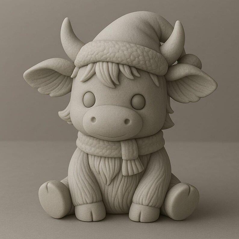 Puede incluir: Figura de color beige claro de un buey sentado con gorro y bufanda de Pap&aacute; Noel. El buey tiene orejas grandes, ojos redondos y cuernos peque&ntilde;os. La bufanda y el gorro tienen un aspecto texturizado, lo que sugiere un material suave. Decoraci&oacute;n festiva navide&ntilde;a.