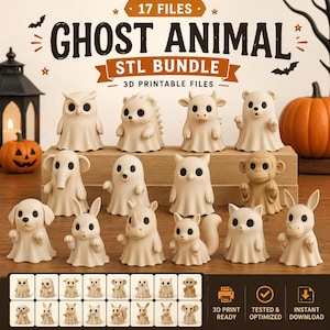 May include: A collection of 3D-printed ghost animal figurines, including an owl, bear, and dog. The figurines are in a neutral color and are arranged on a wooden surface. The image includes the text "GHOST ANIMAL STL BUNDLE - 3D PRINTABLE FILES".