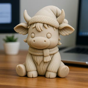 Puede incluir: Figura beige de un buey de dibujos animados con gorro y bufanda de invierno. El buey tiene cuernos grandes y está sentado. La figura está sobre una superficie de madera, con un ordenador y una pequeña planta al fondo.