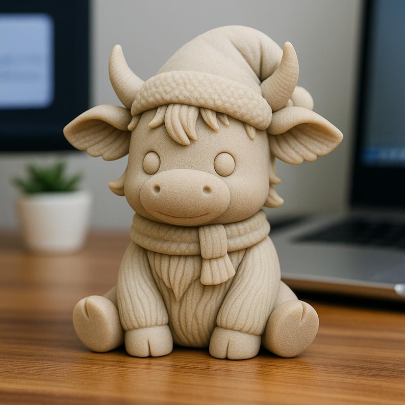 Puede incluir: Figura beige de un buey de dibujos animados con gorro y bufanda de invierno. El buey tiene cuernos grandes y est&aacute; sentado. La figura est&aacute; sobre una superficie de madera, con un ordenador y una peque&ntilde;a planta al fondo.