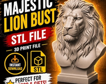 May include: A digitally rendered lion bust in a light beige colour, with a detailed mane and facial features. The image includes text that reads "MAJESTIC LION BUST STL FILE 3D PRINT FILE" and a graphic indicating an instant download.