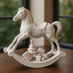 May include: A cream-colored rocking horse figurine with a saddle, bridle, and flowing mane and tail. A small Christmas tree and wrapped gift boxes are on the rocker base. The figurine is a decorative holiday item.