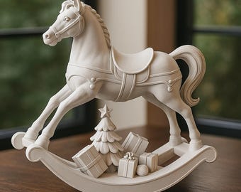 May include: A cream-colored rocking horse figurine with a saddle, bridle, and flowing mane and tail. A small Christmas tree and wrapped gift boxes are on the rocker base. The figurine is a decorative holiday item.