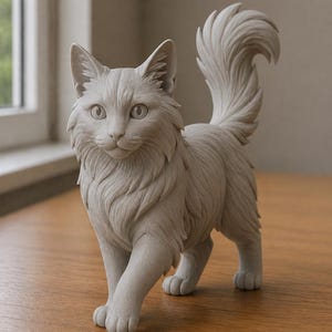 May include: A detailed, light gray cat sculpture with a fluffy tail and fur. The cat is in a walking pose, with one paw raised. The sculpture is on a wooden surface.